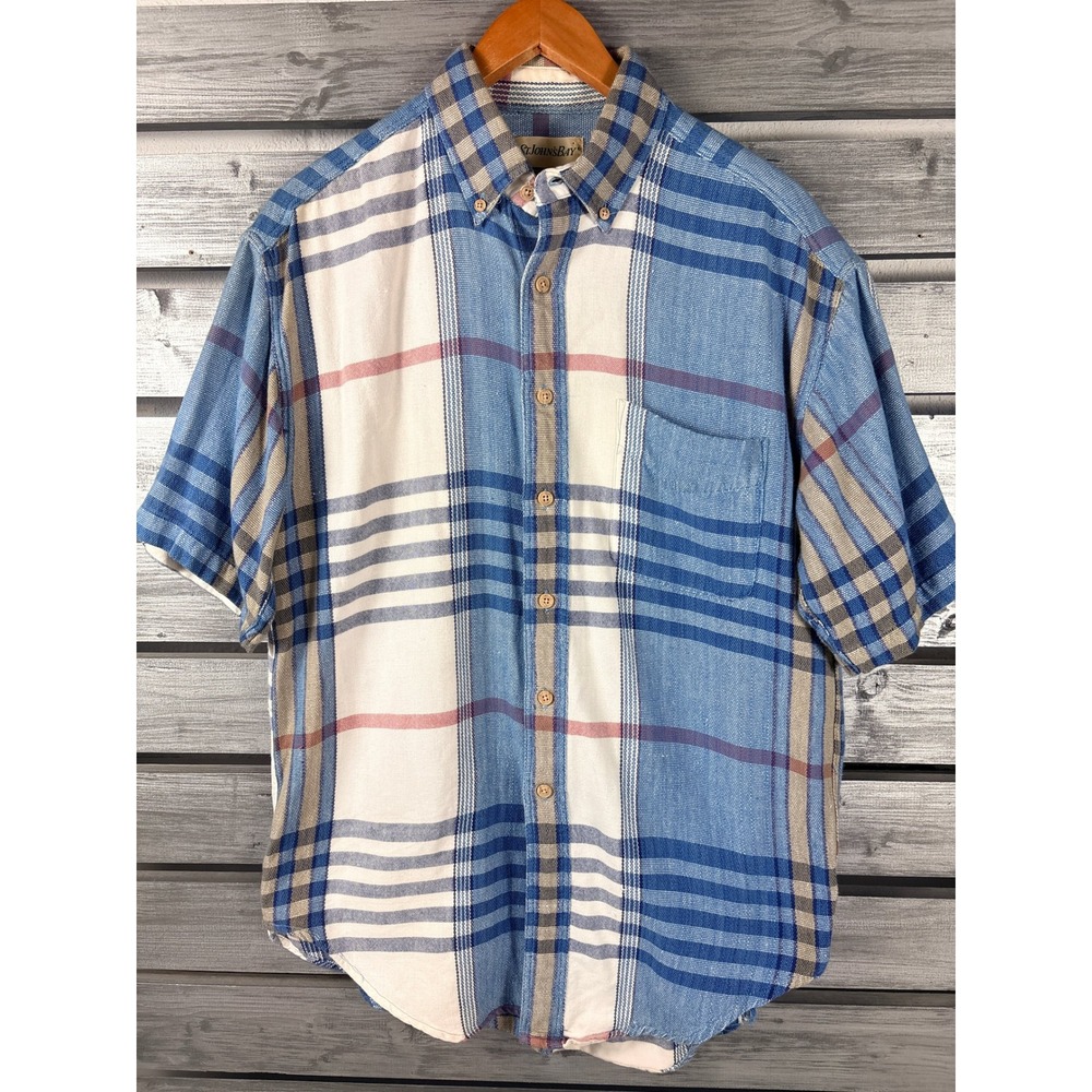 Vtg 90s St Johns Bay Mens M Blue Plaid Short Sleeve Button Down Shirt Colorblock